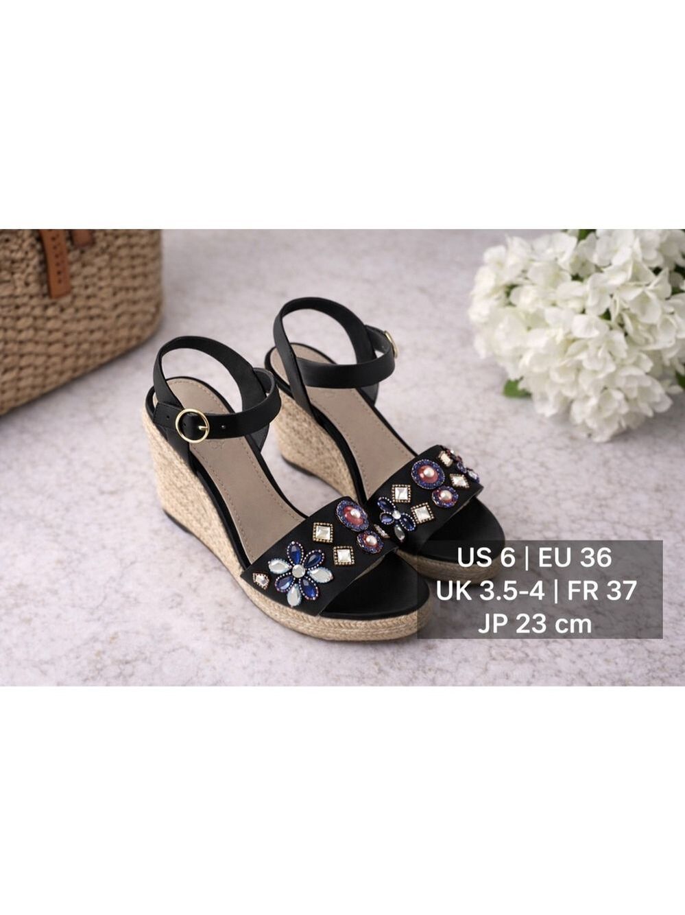 Tory Burch Estella 35mm Embellished Wedge Sandals | Black / Multi | Size 6 | NWT